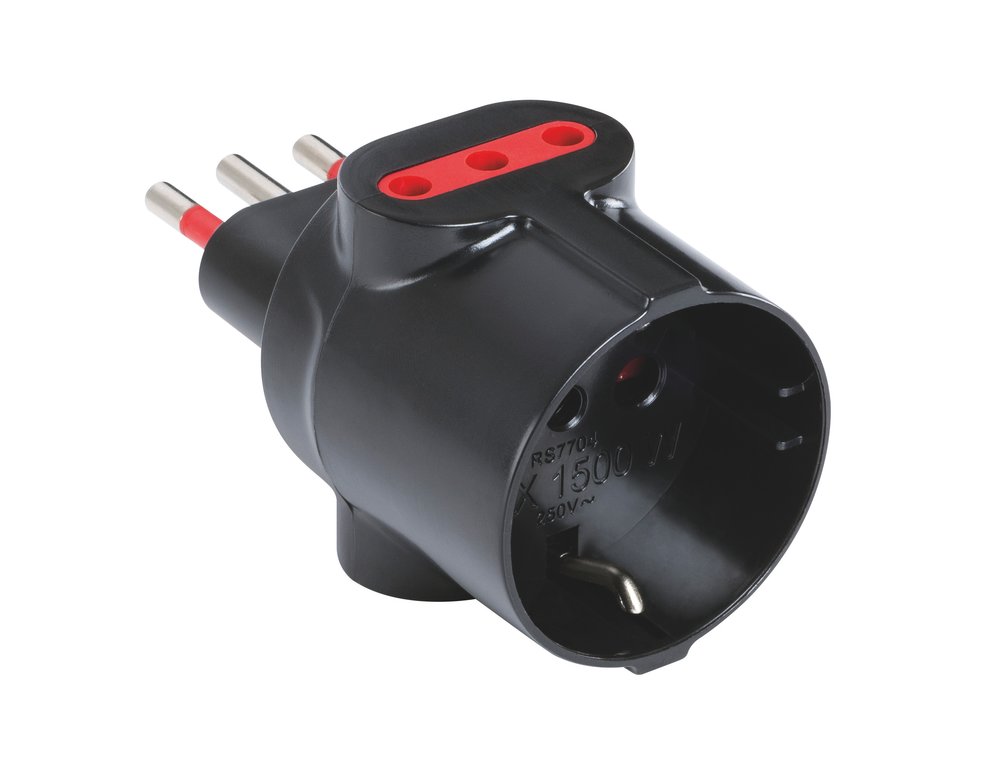 F3764100028 PVS ADATTATORE TRIPLO EMILIA SPECIALIST - 1 PRESE 10/16A - 2 PRESE 10A SPINA 10A 250V P30-P11-S11 NERO Art. RS7704N Rosi