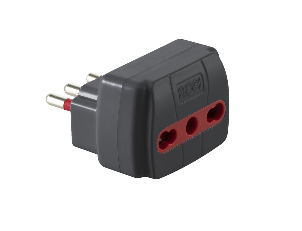 F3764100035 PVS ADATTATORE SEMPLICE SPINA 10A 2P+T - PRESA BIV 10/16A 2P+T - DISP DI PROTEZIONE- NERO Art. RS78026T Rosi