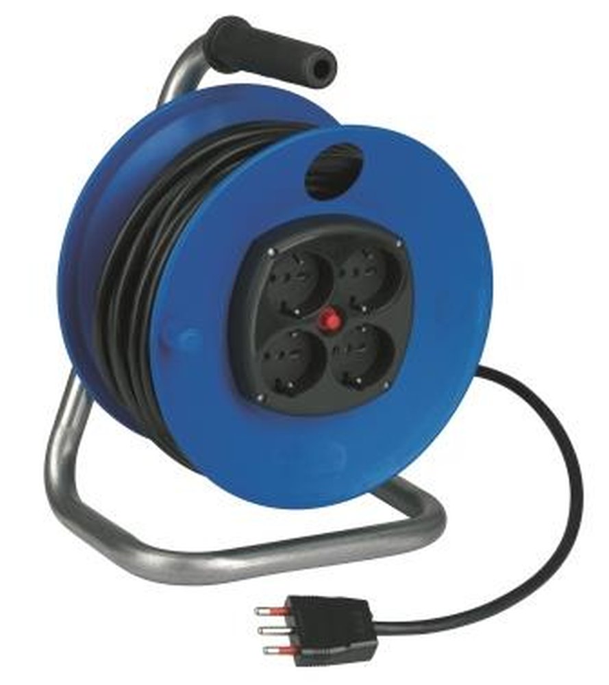 F3764100064 PVS AVVOLGICAVO 25MT CAVO 3G1,5 CON 4 PRESE SCHUKO BIV. E SPINA 3P 16A + DISGIUNTORE TERMICO Art. CR14254BN Rosi