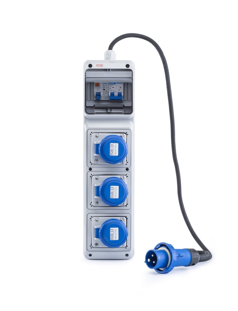 F3764100139 PVS QUADRO ACS PORTATILE CON 3 PRESE INDUSTRIALI 16A 3P IP67 PROTETTE DA INT DIFF. MT, SPINA 16A 3P 3KW Art. 2260 Rosi