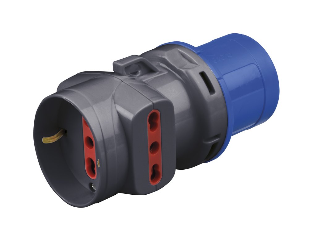 F3764100152 PVS ADATTATORE SPINA IND. 16A 3P - 1 PRESA SCHUKO BIV. E 2 PRESE BIV. LATERALI Art. 1878 Rosi